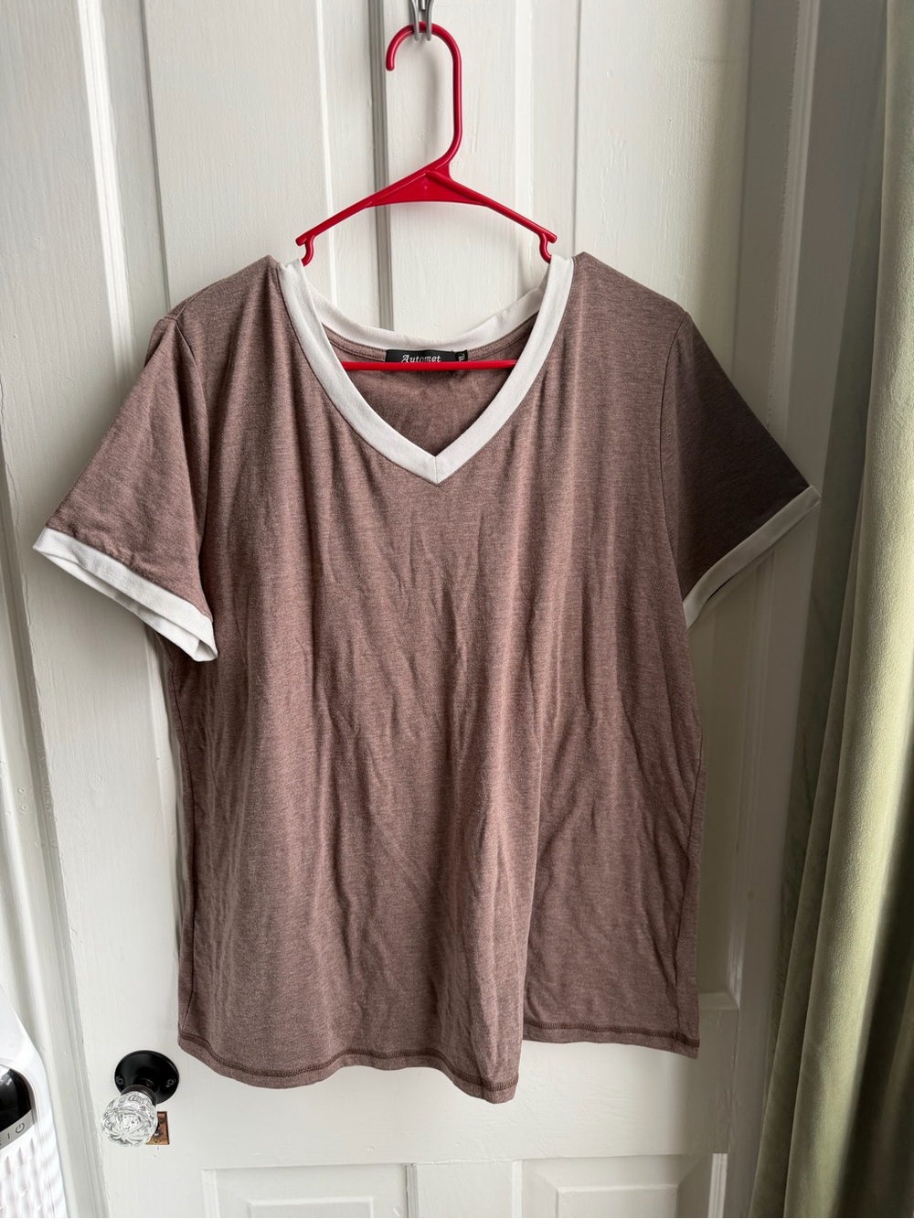 Women's Taupe V-Neck Ringer Tee with White Trim